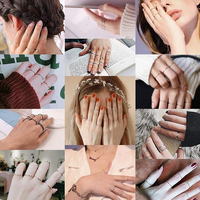 FOCALOOK 28 PCS Knuckle Ring Set 1MM Stainless Steel Women's Thin Plain Band Stacking Midi Finger Rings Set Comfort Fit Silver/Black/Gold/Rose Tone Size 4-10