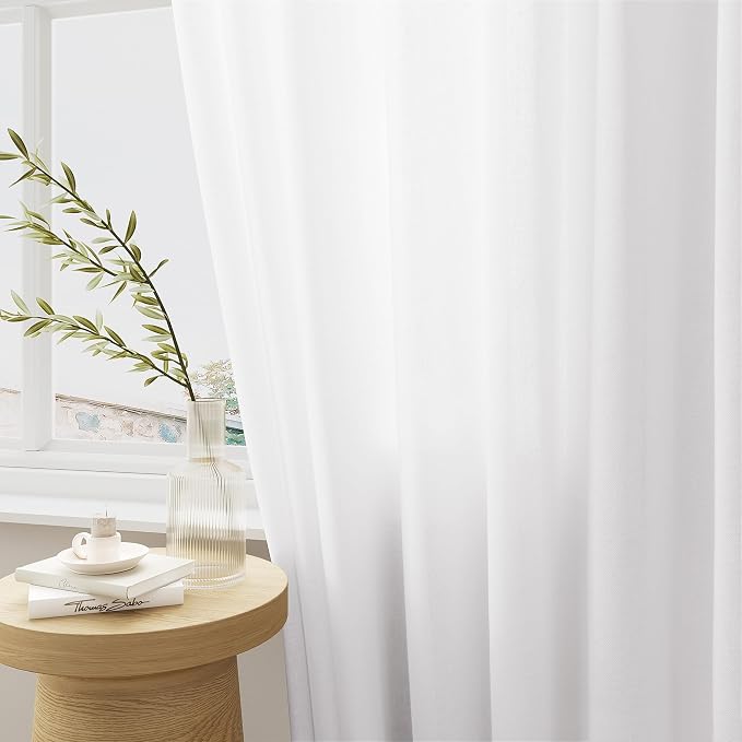 White Pinch Pleated Curtains 132 Inches Long Extra Wide Linen | Semi Sheer Light Filtering, 72 x 132 Inch Curtain, for High Ceiling Living Room Large Drapes, Back Tab, Luxury, 1 Panel