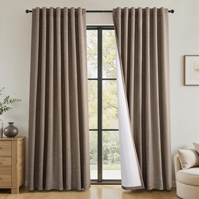 Topfinel 96 Inch Long Blackout Curtains for Sliding Glass Door, 100 Percent Sun Blocking Curtains Back Tab & Hooks for French Doors Energy Saving Luxury Home Decor Dark Flax Linen Panels 52" W*96" L