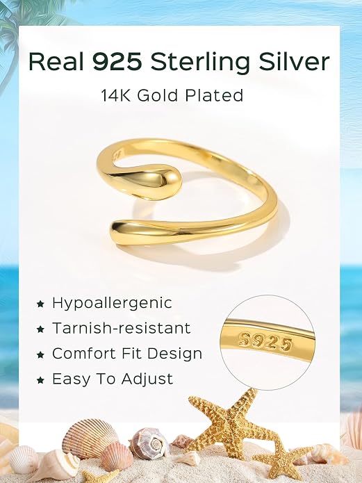 ChicSilver Sterling Silver Toe Rings for Women 14K Gold Plated Toe Rings for Women Open Adjustable Toe Ring for Women Toe Jewelry for Summer Beach