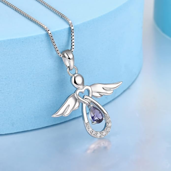 FJ Guardian Angel Necklace 925 Sterling Silver Birthstone Pendant Angel Jewelry Gifts for Women
