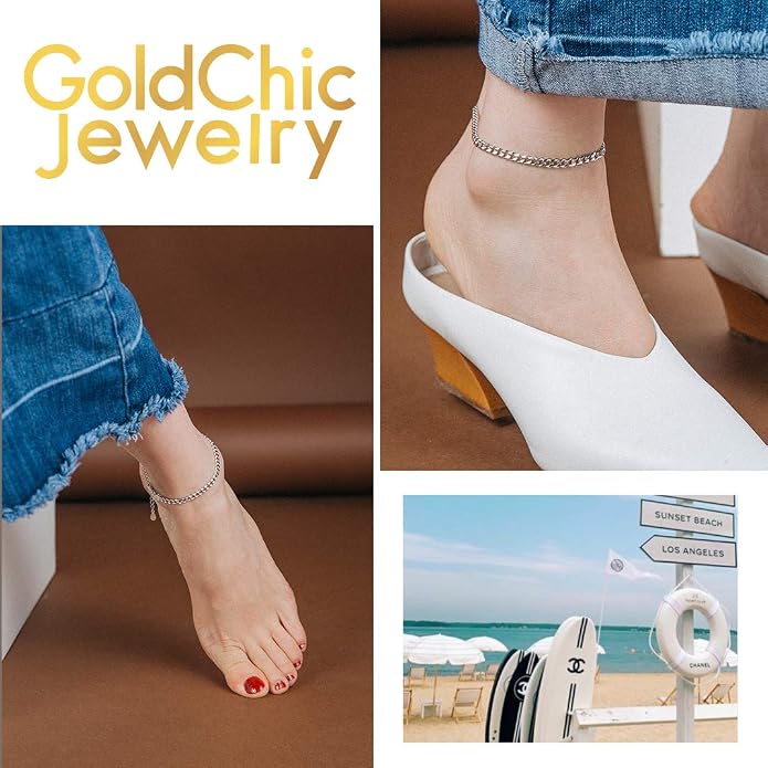 GoldChic Adjustbale Link Chain Anklet for Women Summer Jewelry, 316L Stainless Steel Figaro/Wheat/Twist Rope/Cuban Foot Bracelet-Waterproof, Resizable 9"-12" (Gift Box Included)