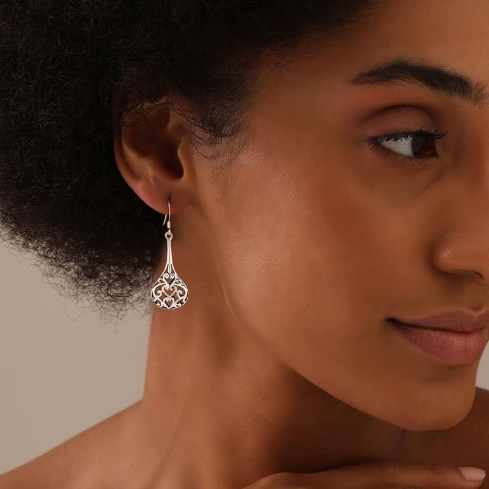 LeCalla 925 Sterling Silver Filigree Dangle Drop Earrings | Lightweight Antique Balinese Teardrop Dangle Drop Earring for Women