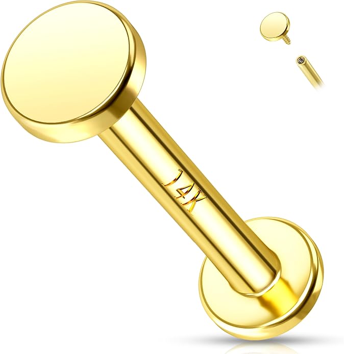 Melighting 14K Solid Gold Flat Back Cartilage Earring 16G Helix Piercing Jewelry Internally Threaded Labret 8mm