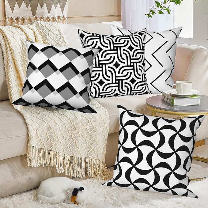 Black White Throw Pillow Cover 18"x18" Set of 4, Modern Art Irregular Geometric Stripes Patterns Cushion Cover for Sofa Chair Couch Bed Office Garden Patio Farmhouse Indoor Outdoor