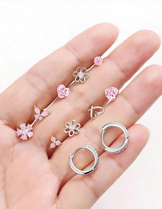 AKEOQI 10 Pairs Hypoallergenic Flat Back Earrings Gold Silver Plated Surgical Steel Small Stud Huggie Hoop Earring for Women Butterfly Flower Heart Bow Pink CZ Stack Cartilage Earrings Set 20G 10 MM