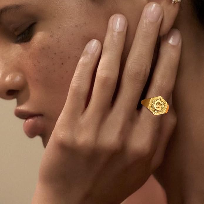 KeyStyle Bold Initial Letter Rings Adjustable, GoldChic Jewelry Women Gold Statement Ring Personalized Engraved Women’s Open Signet Ring for Party (Gold, White Gold, Black)