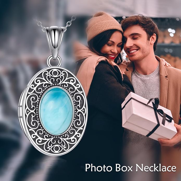 CRMAD Opal/Moonstone/Turquoise Locket Necklace for Women Sterling Silver Oval-Shaped Opal Locket Pendant Holds Pictures Always with You Vintage Style Photos Locket Jewelry Gifts for Loved One