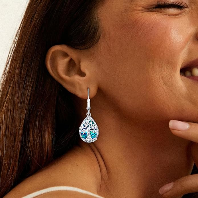 Odinstone 925 Sterling Silver Earrings Tree of Life Teardrop Moonstone Dangle Drop Leverback Earrings for Women