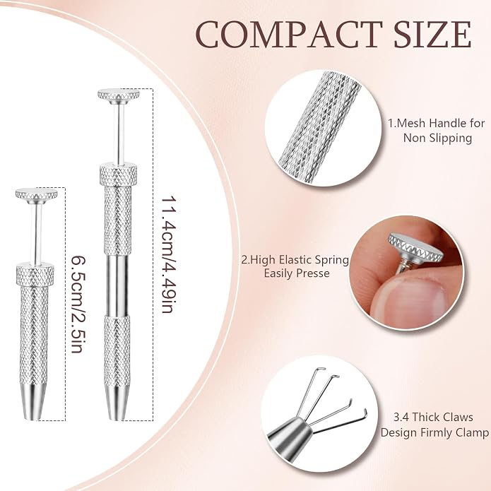ONESING 2Pcs Piercing Ball Grabber Tool for Changing Jewelry, Stianless Steel Flat Back Earring Applicator Internally Threaded Push Pin Piercing Grabber Tool, Anti Slip 4 Claw Gem Ball Grabber Tool