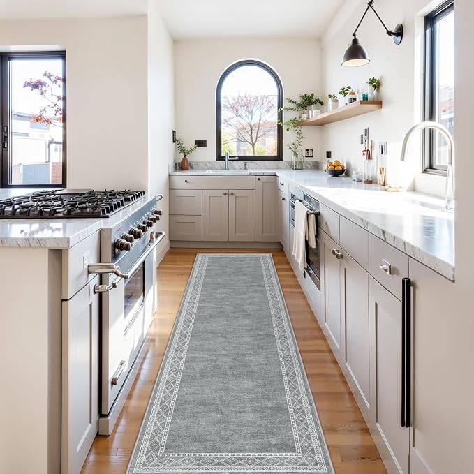 Lahome Modern Bordered Washable Runners for Hallways, 2.5x8 Kitchen Runner Rug Non Slip, Ultra-Thin Soft Hallway Rug for Bedroom Entryway Bathroom Laundry (2.5'x8',Grey)