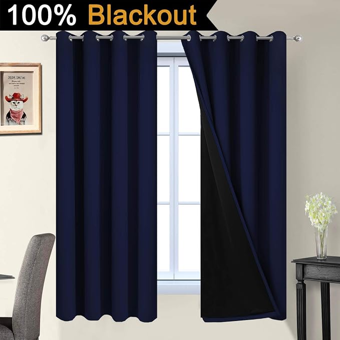 Yakamok Navy Blue 100% Blackout Curtains 63 Inches Long 52" Wide, 2 Panels | Blackout Curtain Panels for Bedroom, 2 Thick Layers Grommet Top Thermal Insulated Drapes with Black Liner for Living Room
