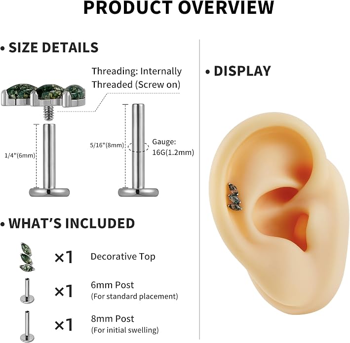 FINE4U 16G Moss Agate Body Piercing Jewelry for Helix Flat Tragus Lobe 16G 6mm 8mm - ASTM F136 Titanium Screw on Flat Back Stud, Hypoallergenic Cartilage Earring