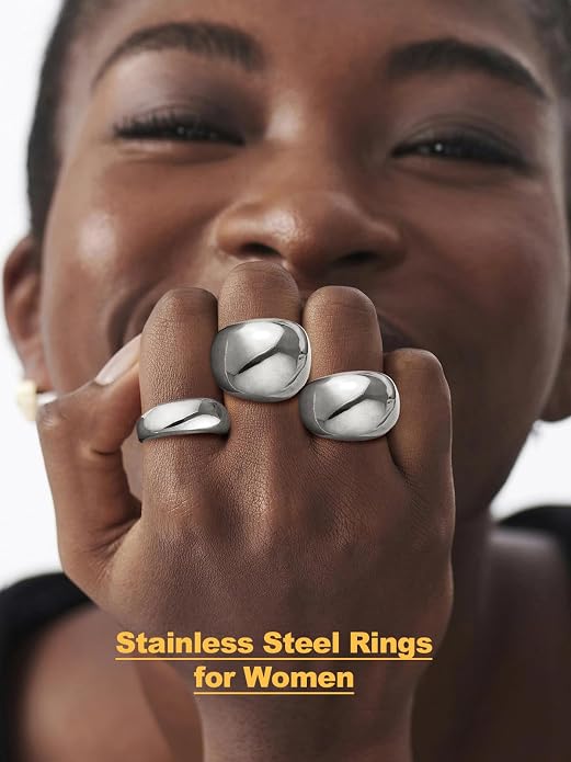 U7 Chunky Gold Dome Rings for Women, Stainless Steel/18KGold Plated/Black Statement Ring Non Tarnish Women Rings, Size 7-12