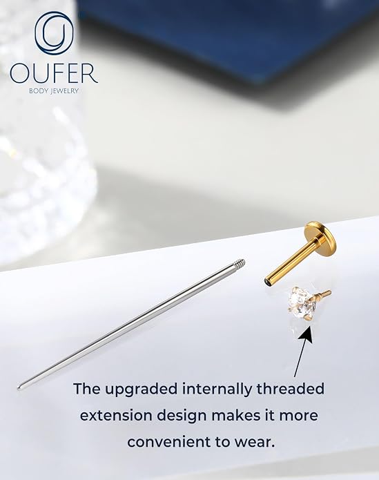 OUFER 18G 6/7/8MM Flat Back Cartilage EarRings-3PCS Gold Titanium Extended Internally Threaded Lip Piercing 2/3/4MM Round Clear CZ Helix Piercing Jewelry