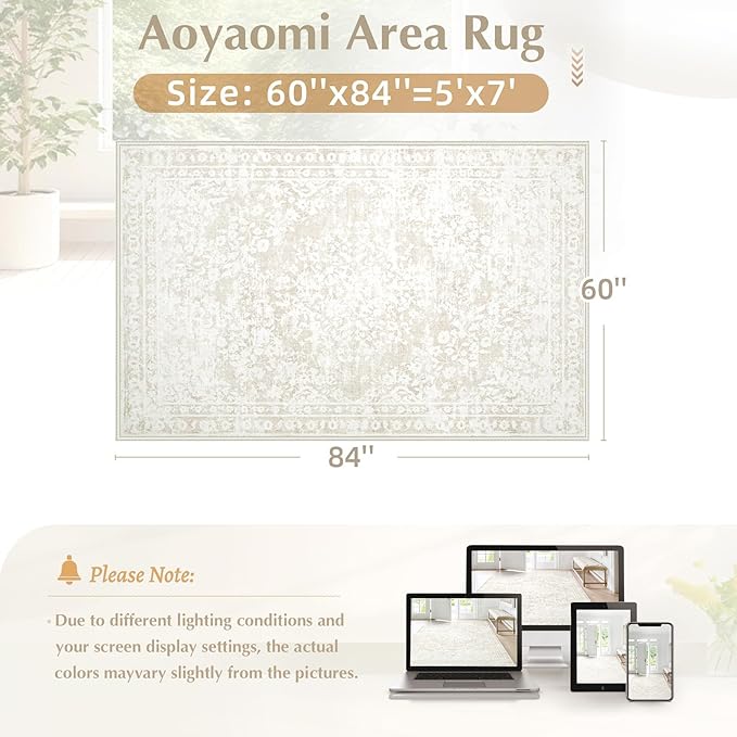 Aoyaomi Vintage Living Room Area Rug - 5x7 Large Machine Washable Boho Area Rug Distressed Floral Rugs for Bedroom, Soft Non-Slip Indoor Floor Accent Rugs for Office Dining Room (Cream Beige, 5'x7')