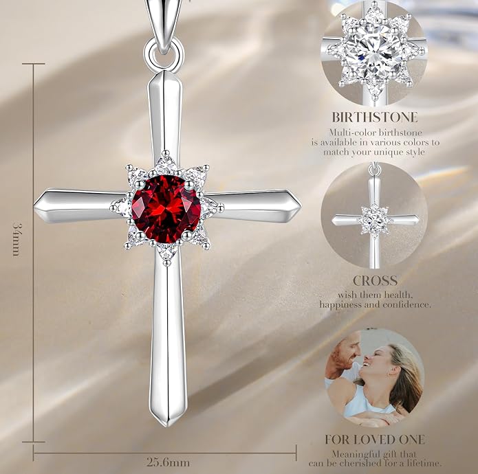 FANCIME Birthstone Cross Necklace for Women Sterling Silver Birthstone Necklace Halo Infinity Cross Pendant Necklace Fine Jewelry Valentines Day Gifts Birthday Holiday Gifts for Her, 16"+2" Inches