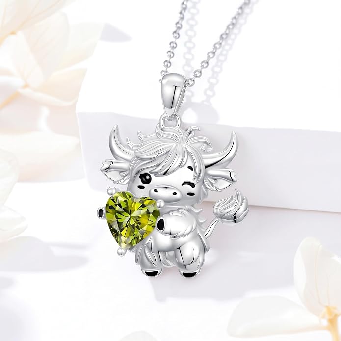 PELOVNY Teddy Bear Necklace for Women 925 Sterling Silver Bear/Highland Cow/Fox/Cat/Axolotl Birthstone Necklace Christmas Birthday Jewelry Gifts for Mom Daughter Wife Sister