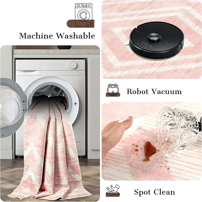 Boho Pink Washable Area Rugs 5x7ft for Living Room, Soft Bedroom Nursery Rugs Non Slip, Modern Thin Kids Playroom Floor Carpets for Dining Room Home Office Decor