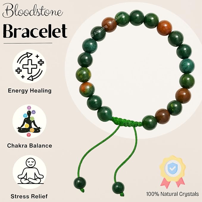 Amazing Gemstone Bloodstone Bracelet for Women Men's Gifts - Protection Healing Crystal Bracelet - 8mm Gemstone Beaded Adjustable Bracelet Pulseras para Hombres Mujer Stocking Stuffers