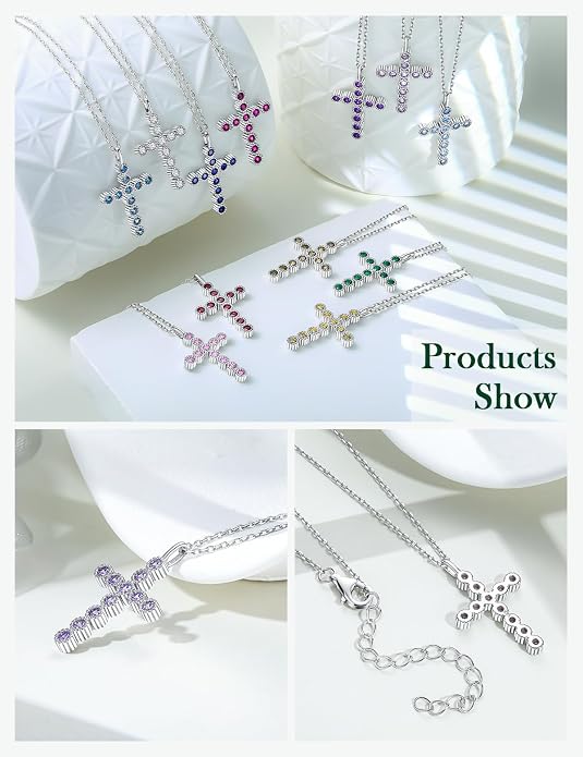 Sterling Silver Cross Necklace for Women Birthstone Religious Jewelry