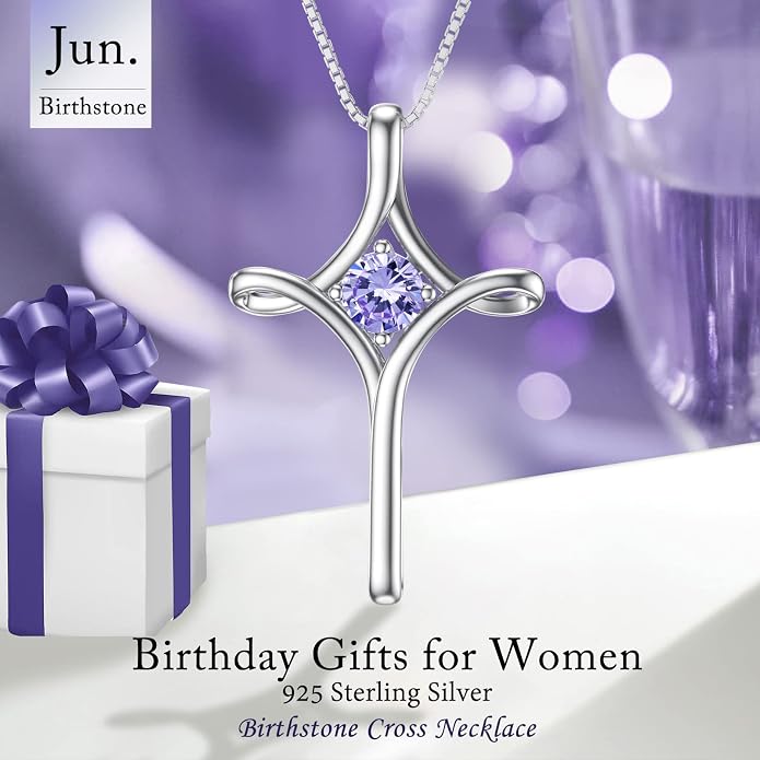 TOUPOP Cross Necklace for Women 925 Sterling Silver Birthstone Cross Pendant Fine Jewelry Anniversary Birthday Mothers Day Gifts for Mom Wife Her