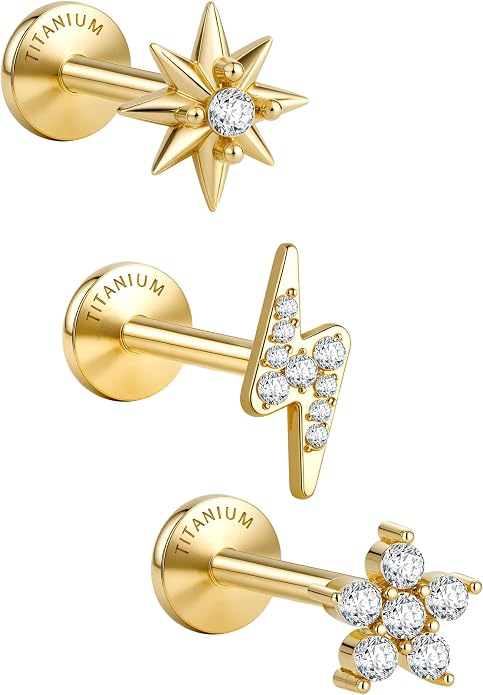 GEMQUEEN G23 Implant Grade Titanium 18G Internally Threaded Flat Back Earrings 5A CZ Studs: 14K Gold Hypoallergenic 3 Pcs Tragus Cartilage Conch Helix Piercing Jewelry for Sensitive Ears Women Men