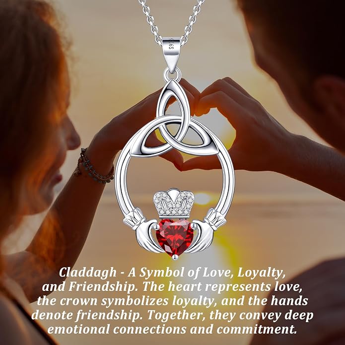 Gift Birthstone Necklaces for Women 925 Sterling Silver Irish Claddagh Necklace for Women Heart Birthstone Pendant Necklace Anniversary Birthday Gifts for Wife Lady Cable Chain 18"+2"
