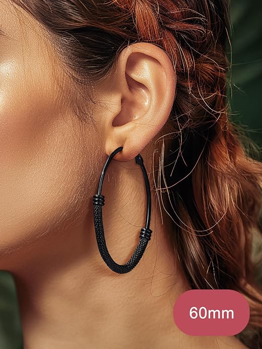 FOCALOOK 14K Gold Plated Hoop Earrings, Lightweight Hypoallergenic Large Stainless Steel Black Hoops Earrings for Women 20/30/40/50/60/70/80mm