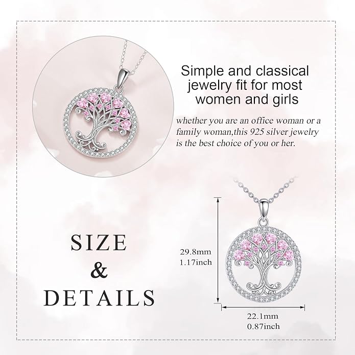 Tree of Life Necklace for Women Birthstones Jewelry for Women Sterling Silver Fine Anniversary Birthday Christmas Wedding Jewelry for Wife Sister
