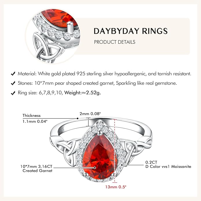 DAYBYDAY Celtic Birthstone Rings for Women 925 Sterling Silver Heart/Round/Pear/Oval Created Gemstone Moissanite Halo Engagement Promise Rings for Her Wife Birthday Anniversary Wedding Jewelry
