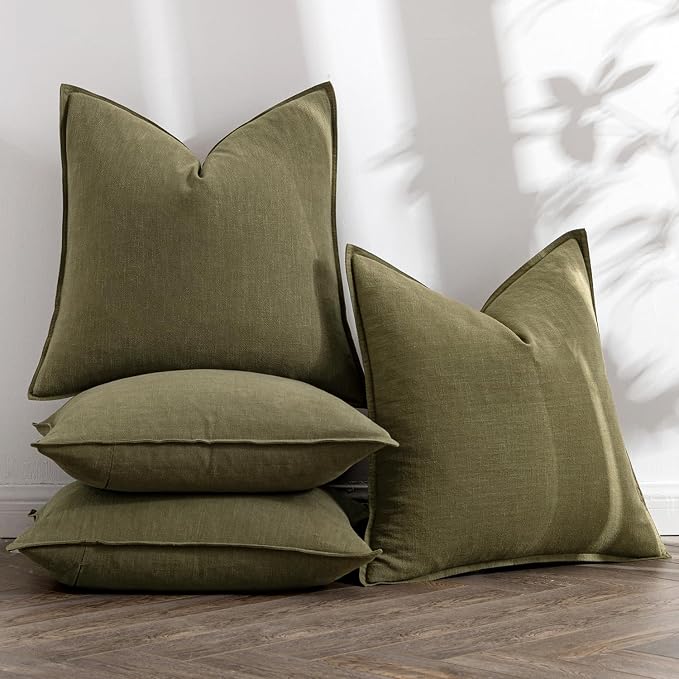 MIULEE Olive Green Boho Linen Pillow Covers 20x20 Inch Pack of 4 | Natural Decorative Throw Pillow Covers Soft Farmhouse Couch Pillowcases Modern Decors for Living Room Bed Sofa