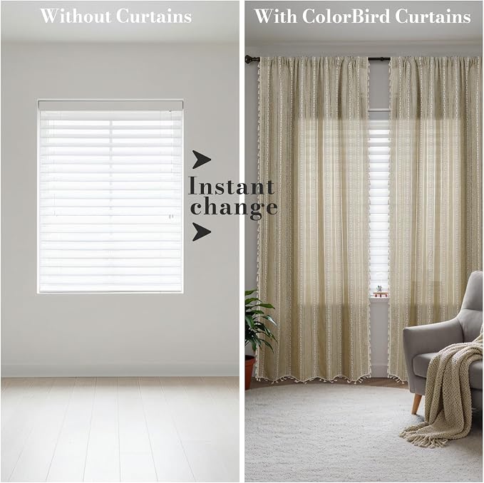 ColorBird Boho Curtains Linen-Textured for Living Room Bedroom Light Filtering 84 Inches Natural Brown Farmhouse Curtains & Drapes Embroidered Striped for Dining Closet Dooraway Window Treatment