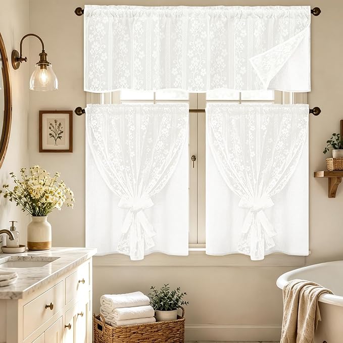 ASPMIZ Linen Kitchen Curtains Double Layer Kitchen Window Curtains Over Sink 36 Inch Length White Tier Curtain Light Filtering, Rod Pocket Cafe Curtain Short Window Treatments with 2 Tiebacks, 26x36