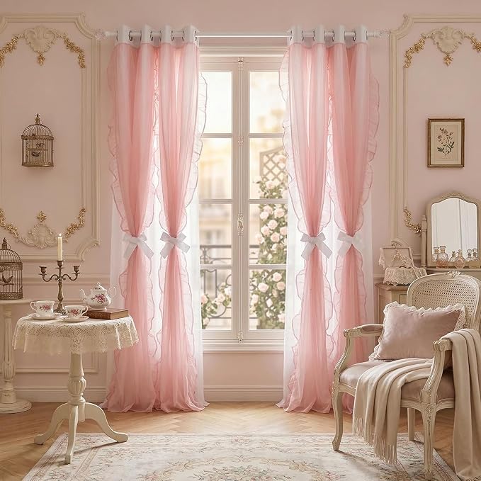 PONY DANCE Shabby Chic Curtains for Bedroom Double Layer Ruffle Sheer Overlay with Tiebacks French Country Drapes for Room Decor, 52" W x 84" L, White-Pink, 2 Pieces