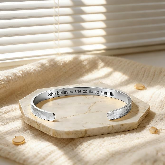 Inspirational Bible Verse Cuff Bracelet for Women, 18K Gold Plated Hammered Bangle, Christian Faith Jewelry Gift, Adjustable Non Tarnish