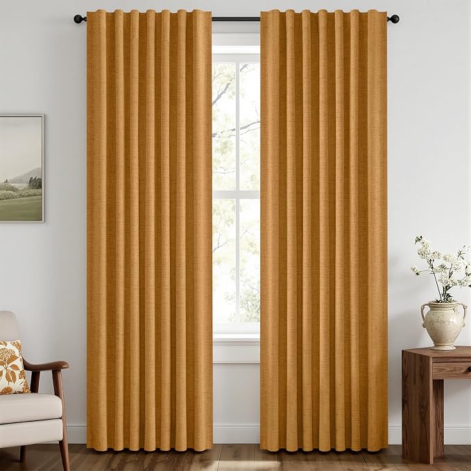 MIULEE Fall 100% Blackout Linen Curtains 42" x 90" Mustard Yellow 2 Panels | Thermal Insulated, Room Darkening Drapes for Bedroom Living Room, Back Tab Rod Pocket Pinch Pleated, Solid Luxury Decor