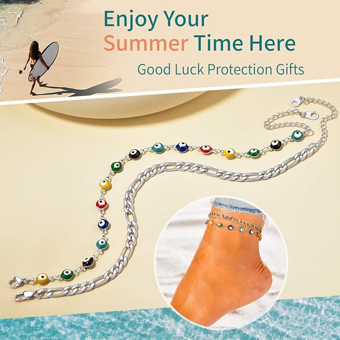 Supcare Evil Eye Anklets for Women,Cuban/Figaro/Mariner/Snake Chain Layered Ankle Bracelet Gifts (with Gift Packing)