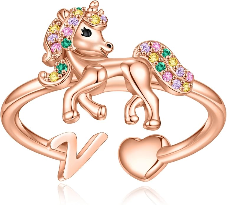 Unicorn Initial Rings for Teen Girls, Rose Gold/White Gold Plated Heart Initial Rings for Girls Adjustable Stackable Rings for Women Diny Heart Ring for Teen Girls Gifts Unicorns Gifts for Girls