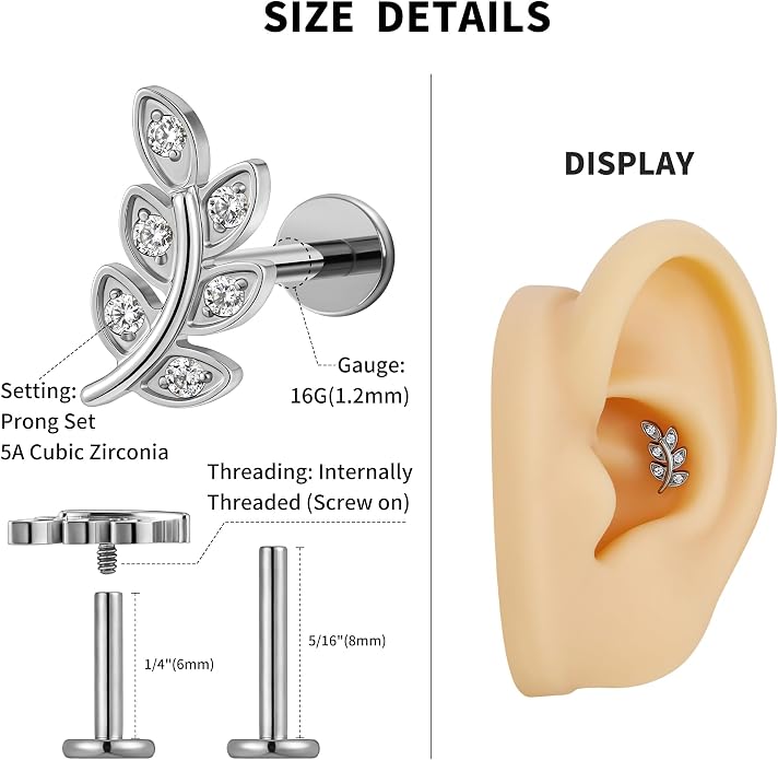 FINE4U 1PC Leaf Flat Back Stud Flat, Helix, Conch, Tragus 6mm 8mm - ASTM F136 Titanium Screw on Body Piercing Jewelry