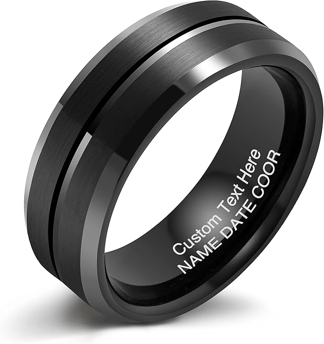 LerchPhi Tungsten Wedding Band for Men, Engraved and Customizable Promise Rings for Him and Her, Width 6MM 8MM Size 6-14, Center Grooved Beveled Edge, Comfort Fit