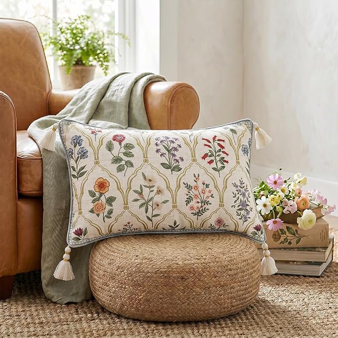 ISAENNE Designer Vintage Linen Throw Pillow Cover,20"x12"-Serenity B | French Elegant Rectangle Decor Pillow Cover,Concealed Zipper Design,Colorful Floral Pattern,Sofa,Bedroom,Living Room,Chair