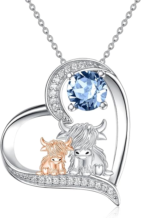 Highland Cow Gifts for Women 925 Sterling Silver Highland Cow Birthstone Necklace Fluffy Cow Jewelry Gifts Birthday Christmas