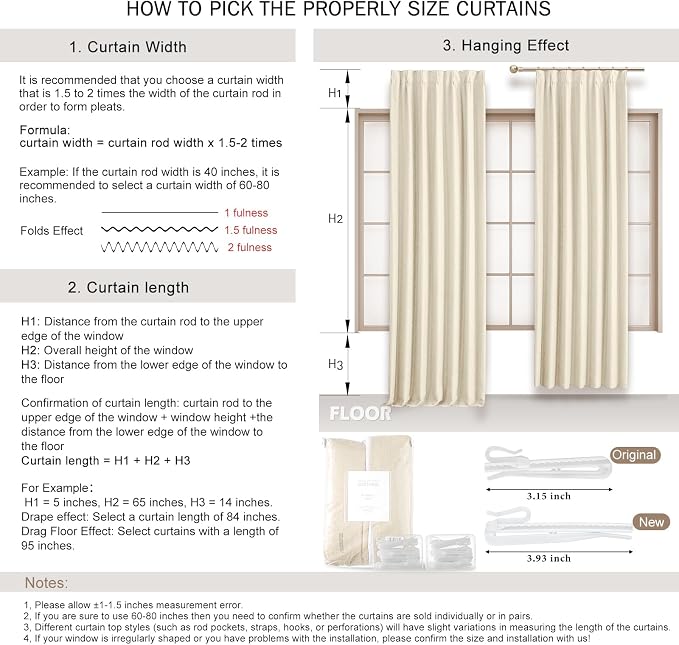 Cream Beige Pinch Pleated Full Blackout Linen Curtains for Bedroom, Black Out Curtains 102 Inches 1 Panel for Living Room Darkening Thermal Insulated Neutral Pleat Drapes with 12 Hooks, 60''Wx102''L