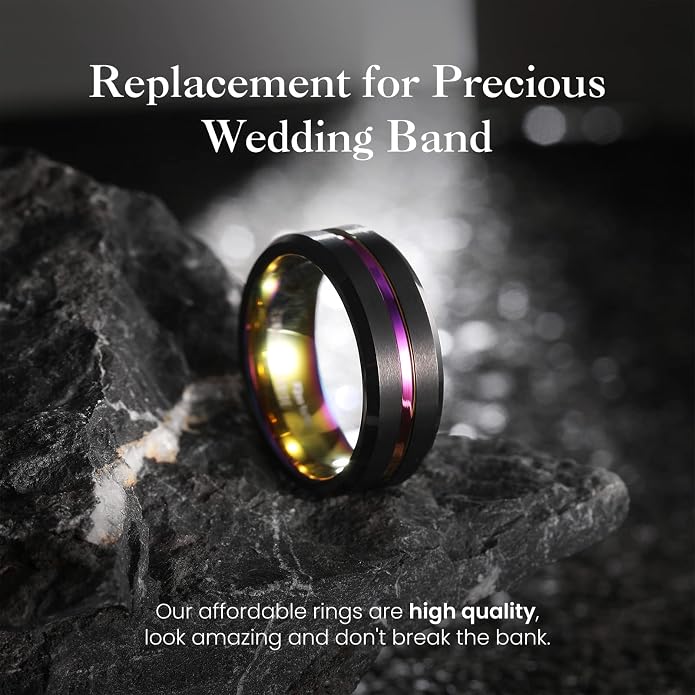 King Will Mens 8mm Rose Gold Groove/Gold Loop/Black Cross Groove Tungsten Carbide Wedding Ring Line Flat Pipe Cut Brushed Polished Comfort Fit 7-14