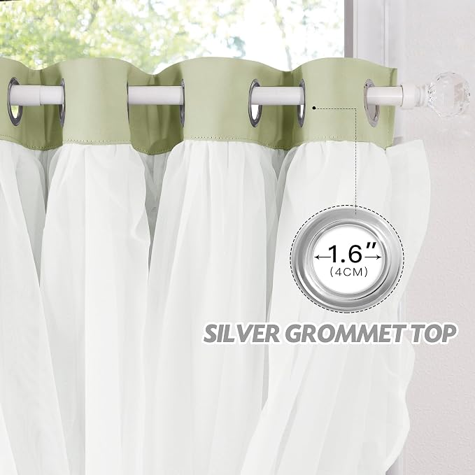 PONY DANCE Blackout Curtains for Whimsical Forest Teen Room，Double Layer Drapes Ruffle Sheer Overlay Farmhouse Rustic Design, W 52 x L 84 Inches, Meadow Green, 2 Panels