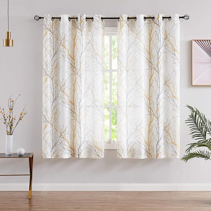 FMFUNCTEX Linen Semi Sheer Curtains for Bedroom, Yellow White Curtains 45 Inches Long for Living Room, Grey Tree Branch Print Curtain Light Filtering Kitchen Window Drapes, Grommet Top 2 Panels | Short Sheer Branch Patterned Drapes, Light Filtering Gro...