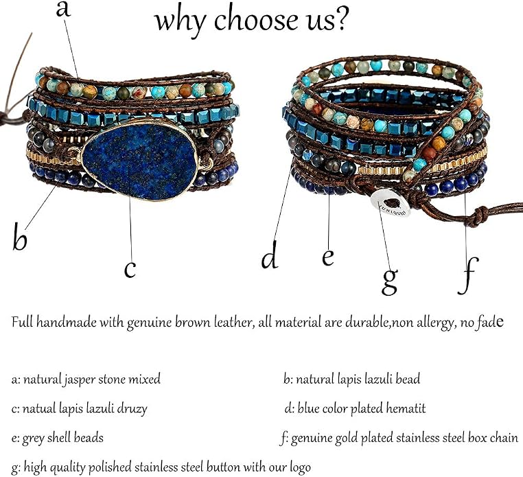 Plumiss Women Boho Handmade Natural Stone Crystal Leather Bead Wrap Bracelets Collection