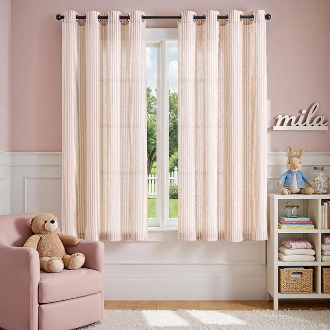 Vangao Linen Stripe Nursery Curtains for Kids Tickingstripe Light Filtering Window Curtains Colorful Pink Pinstripe Printed Drapes 63 Inches Long for Living Room Girls Bedroom Dorm 2 Panels