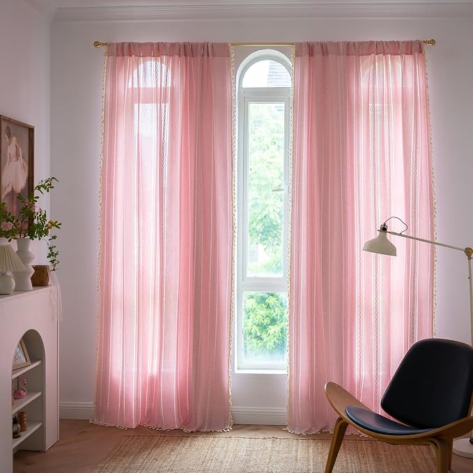 Linen Boho Pink Embroidered Curtains for Girls Bedroom & Nursery - 84" Long, 2 Panels, Light Filtering Farmhouse Drapes (52" W x 84" L)